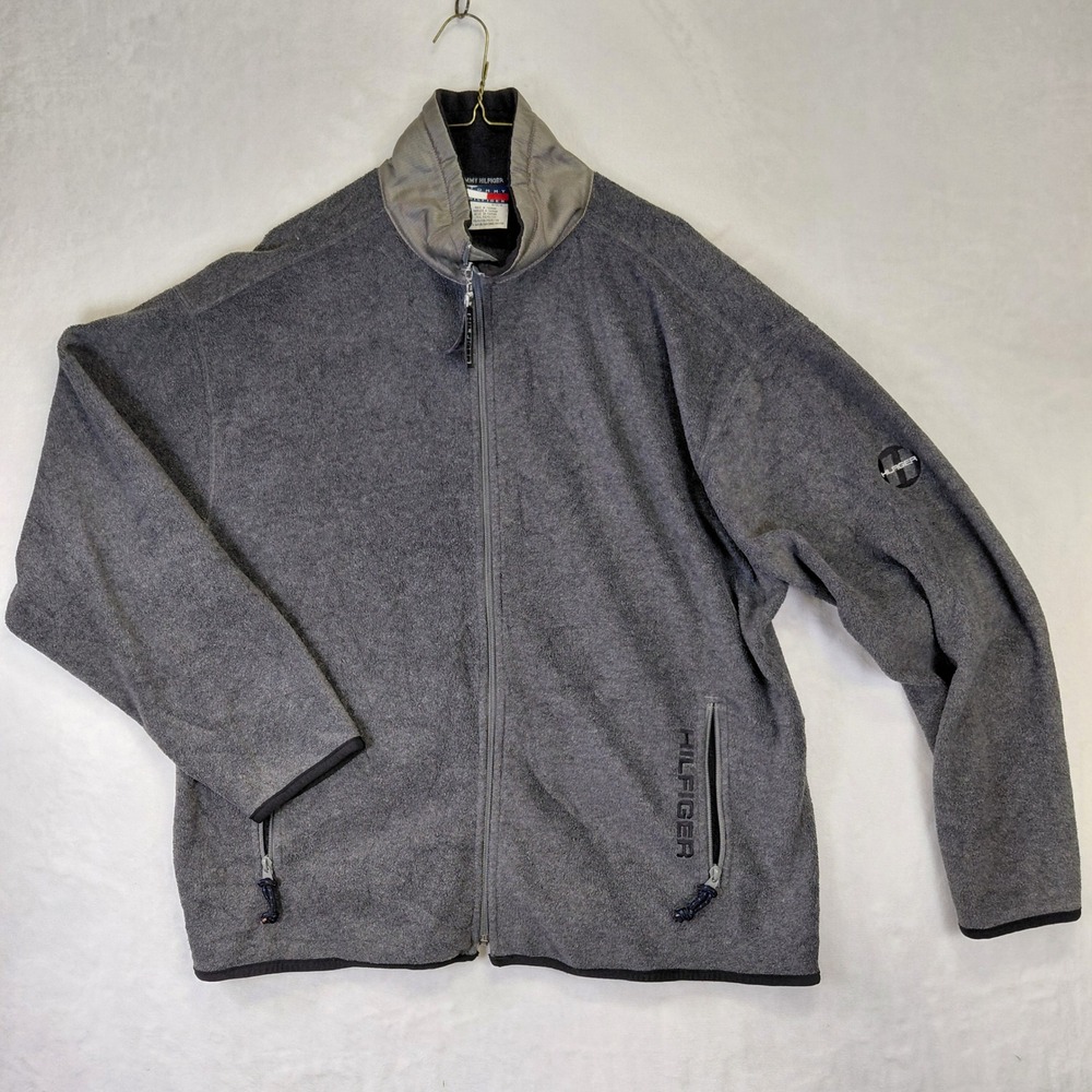 Tommy Hilfiger Mens Full Zip Fleece Jacket Gray Mock Neck Logo M